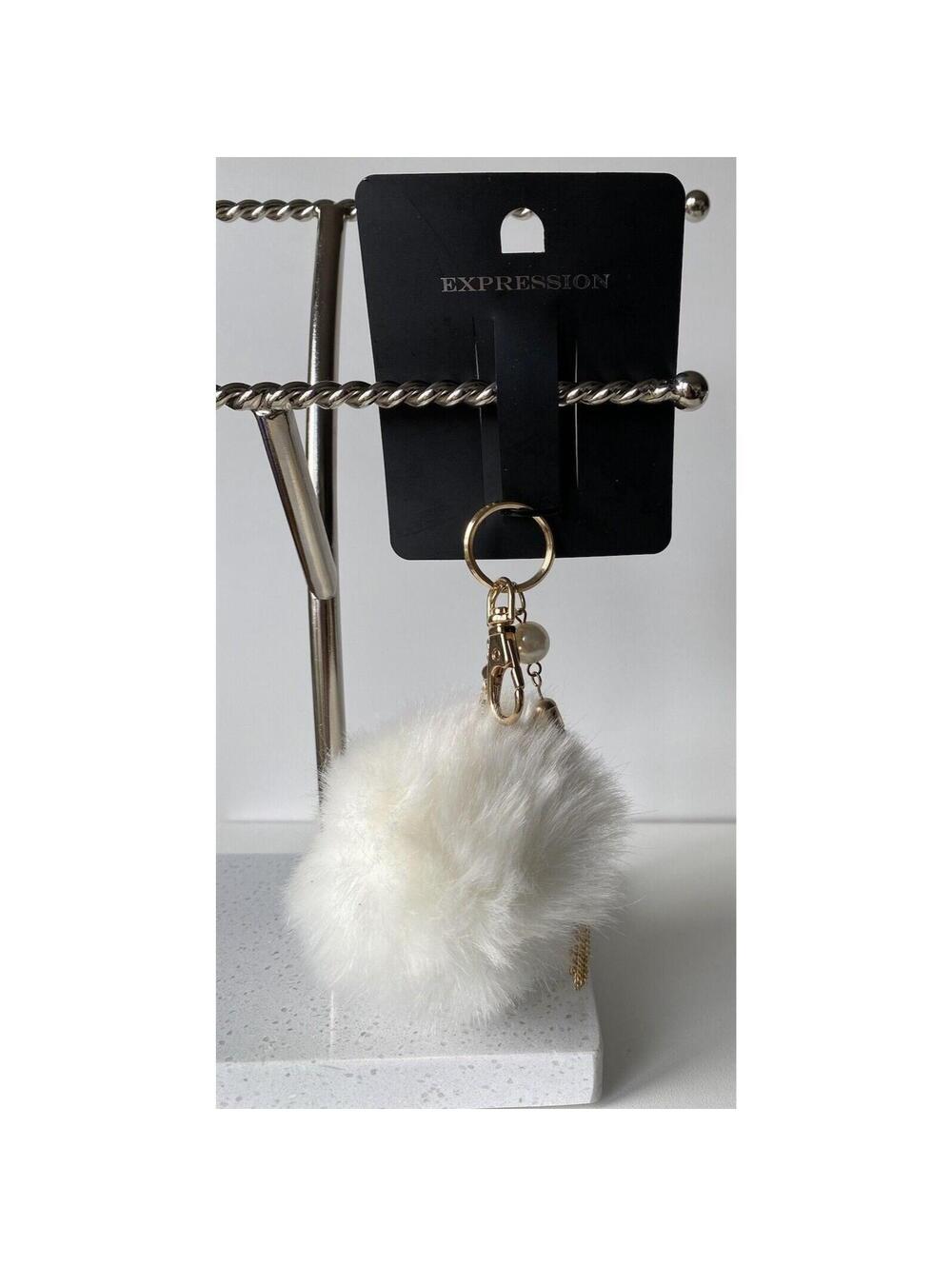 Expression White With Gold Accents Pom Pom Keychain Bag Charm Brand New